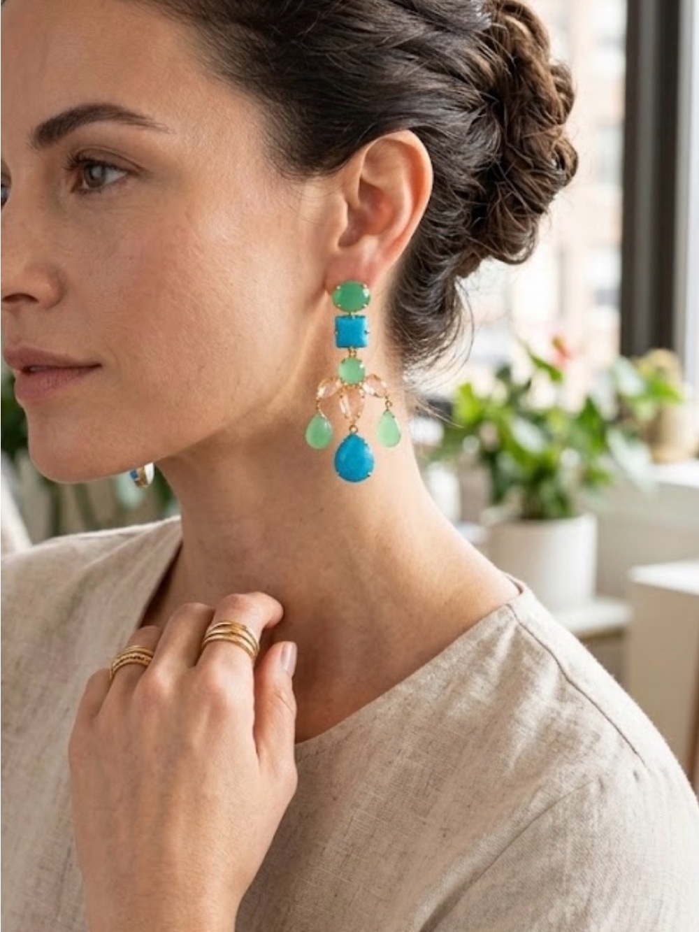 Multicolor Green Aventurine & Turquoise Drop Chandelier Clip On Earrings